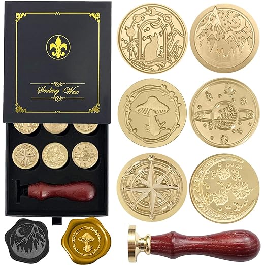 Wax Seal Stamp Gift Box Set, 6 Pcs Sealing Wax Stamps Copper Seals 1 Wooden Hilt, Wax Stamp Kit for Cards Envelopes, Gift Packaging (Vast Universe Series)