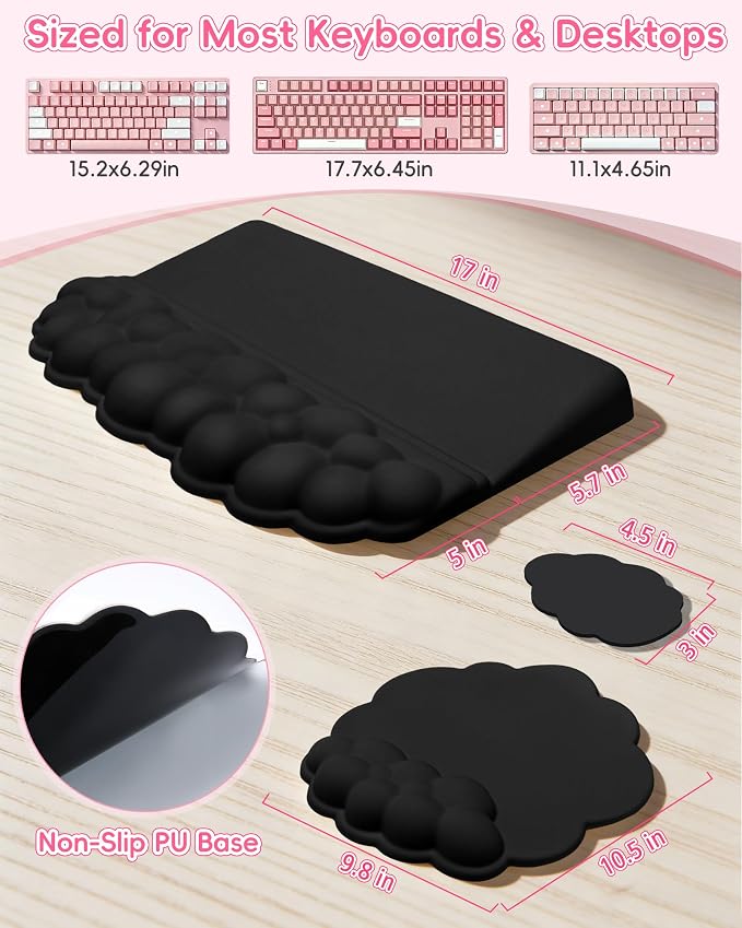 Cloud Wrist Rest Set for Keyboard and Mouse, 3-Piece Memory Foam Wrist Pad with Silky Lycra Surface, 2-in-1 Keyboard Wrist Rest & Stand, Two Typing Angles, Cute Cloud Desk Accessories (Classic Black)