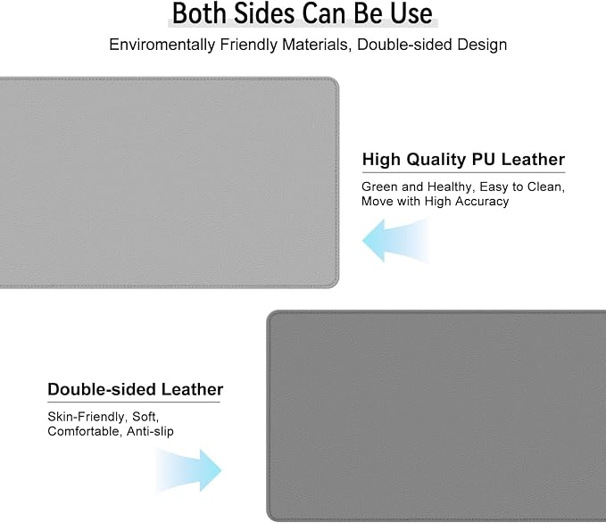 Dual Sided Leather Desk Mat - Waterproof Desk Pad - Ideal for Large Mouse Pad and Desk Mats on Top of Desks (Gray, 25"*13")