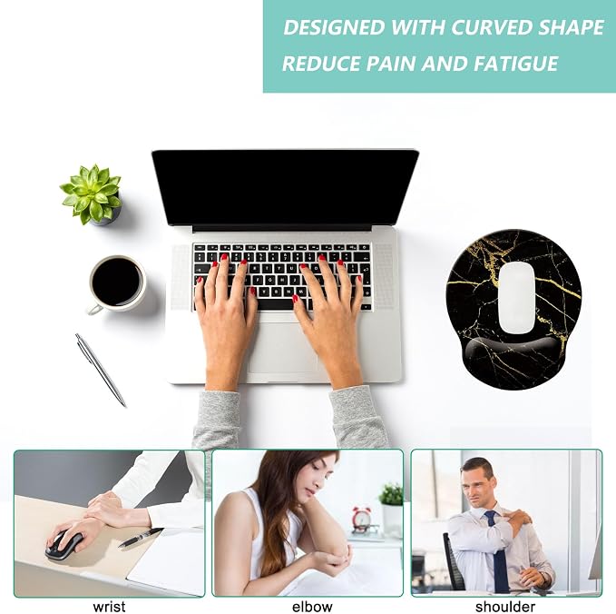 Mouse Pad with Wrist Support, Ergonomic Mouse Pad with Memory Foam Wrist Rest Cushion, Non-Slip Rubber Base Gaming Mice Pad for Home Office Computer Laptop, Black Golden Marble