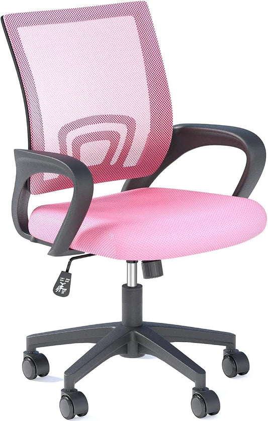 OS MOTOR Ergonomic Mid-Back Mesh Office Chair (Pink) | Lumbar Support, Adjustable Height, Swivel Rolling Design, Comfy Armrest, Home, Office, Work, Study, Gaming, Vanity