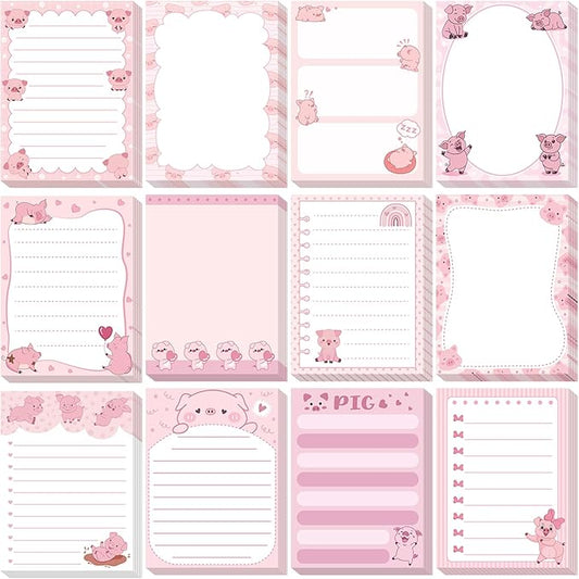 12 Pads Piggy Sticky Notes 3x4 Inch Cute Self Stick Notepads Notes Adhesive Memo Pad Office Decor Gifts Pink Kawaii Memo for Christmas Students School Teacher Meeting Office Supplies