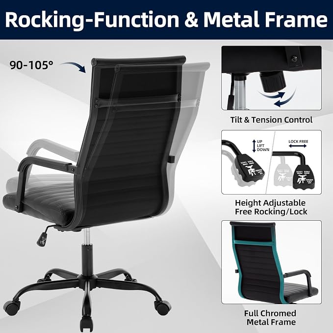 Office Chair, Ergonomic Executive Conference Room Chairs, Ribbed Leather Desk Chair with Lumbar Support, Adjustable Height Mid-Back Swivel Chair with Padded Seat