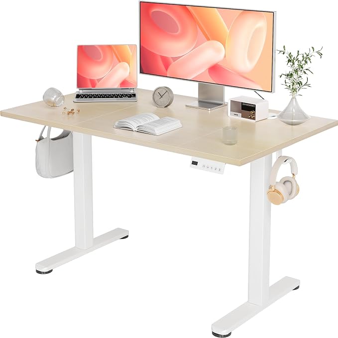 YDN Electric Standing Desk Adjustable Height, 48 x 24 Inches Stand up Desk with Cable Management, Home Office Desks with Splice Board & White Frame, Nature Top