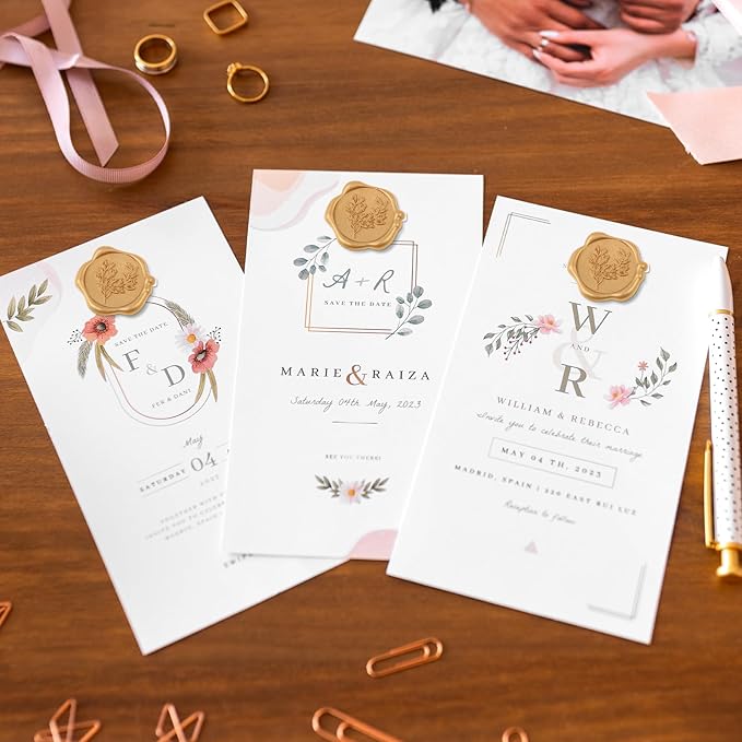 WSICSE 60Pcs Wax Seal Stickers, Wedding Invitation Envelope Seal Stickers Adhesive Backed Light Gold for Wedding, Mother's Day, Gift Wrapping (4 Leaf Styles)