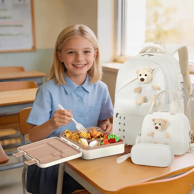 ACESAK Backpack for Girls with Bento Box - 4 PCS Cute Girls Backpack with Lunch Box, Pencil Case & Bento Box Set - 43oz Leakproof Lunch Box Kids Snack Containers Set Back to School Supplies (Beige)