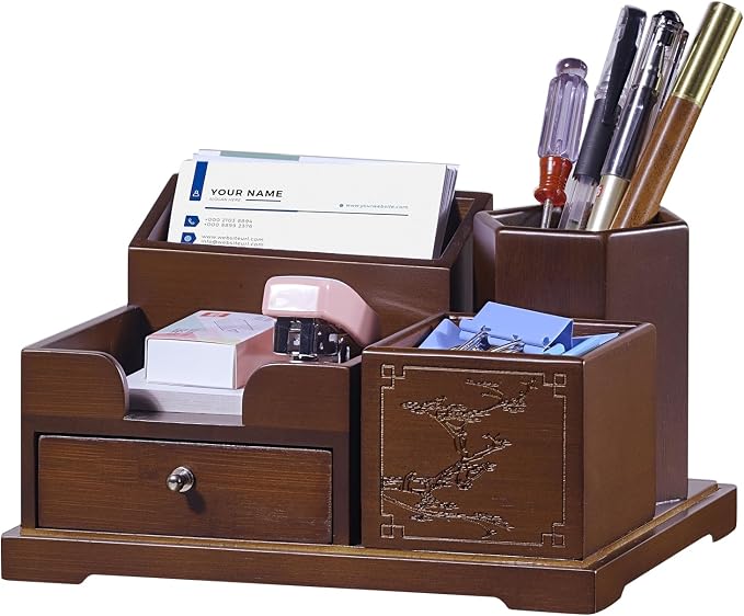 Bamboo Desk Organizer with Drawer, Wood Pen Holder & Card Slot, Brown | Desktop Storage Caddy, Office & Home | Natural Solid Bamboo, No Assembly, Non-Slip Base | Multi-Compartment, Ready to Use