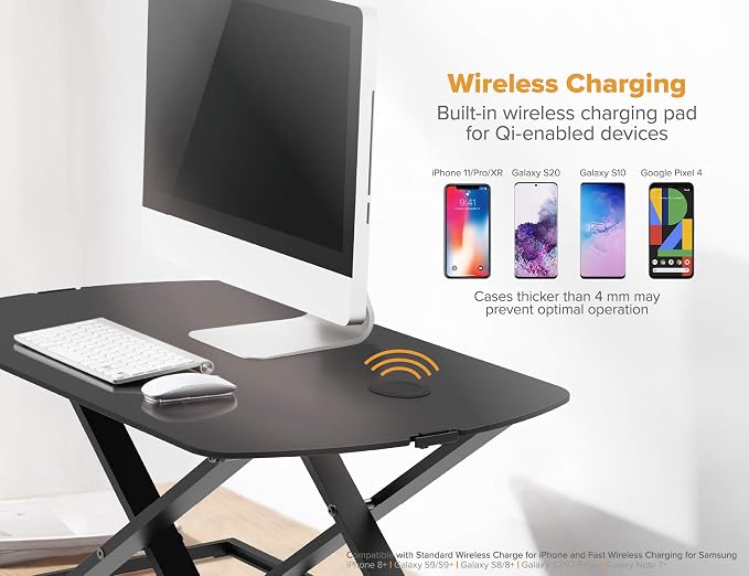 Bostitch Office Sit Stand Desk Converter, Height Adjustable Workstation Riser, Includes Wireless Charging Pad, Black (STND-3122BK)