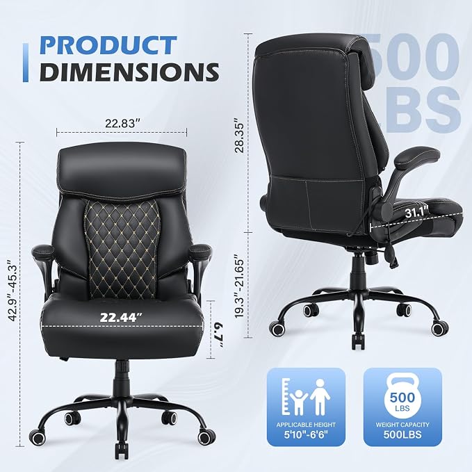 500Lbs Big and Tall Office Chair,Comfy Heavy Duty Executive Chair with Adjustable Lumbar Support for Back Pain,High Back Desk Chair with Wide Seat for Home Office