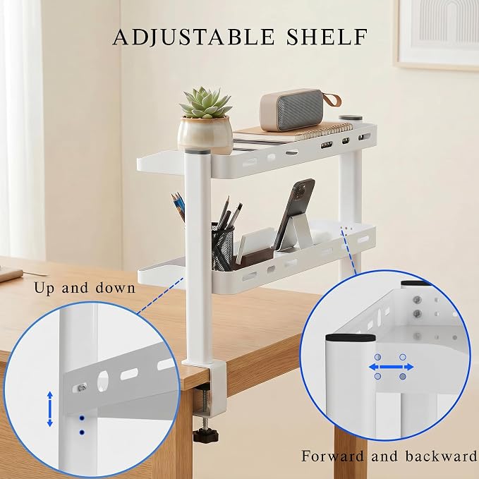 Clamp on Desk Shelf White, 24in 2-Tier Office Desk Shelves Organizer, Shelf for Top of Desk with Headphone Holder and Hooks, Desktop Storage Rack for Home Workspace, Study Rooms, Gaming Accessories