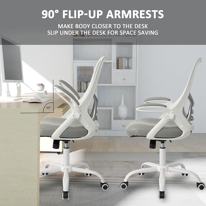 HYLONE Office Chair Ergonomic Chair with Flip up Armrests, Thickened Seat Computer Chair with Breathable Mesh Back Home Office Computer Chairs for Long Hours Mesh Office Chair(Grey)