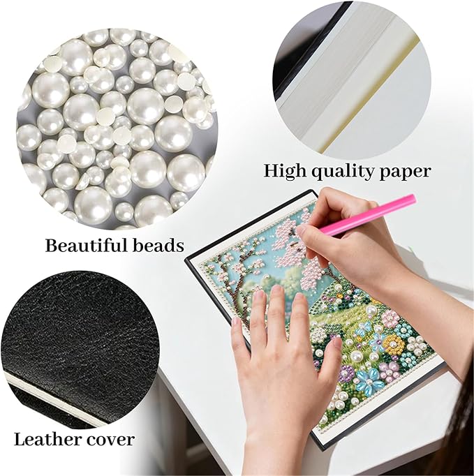 FRANDEK Pearl Painting Notebook Kit, Spring Forest A5 DIY Journal with 50 Blank Pages, Diamond Gem Art Cover with Waterproof Canvas, Beginner Craft Set with Full Tools for Adults