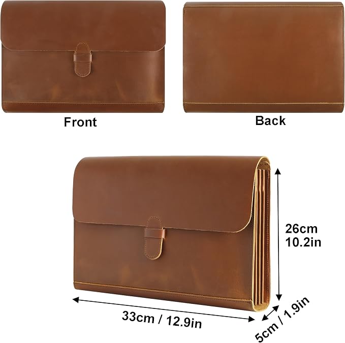 Genuine Leather File Folder, Accordian File Organizer, Leather Document Holder Resume Folio for Men & Women-Brown-Custom