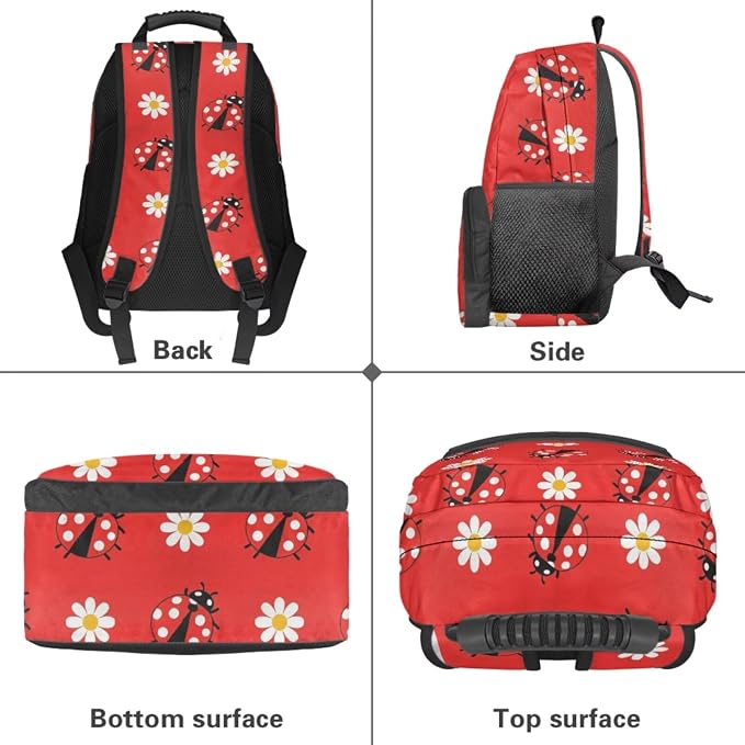 Ladybug Girls Backpack Set 4 PCS, 17 Inch Daisy Floral School Bag with Insulated Lunch Bag for Elementary Kids Ages 6-8 Back to School Gift, Red Back Packs