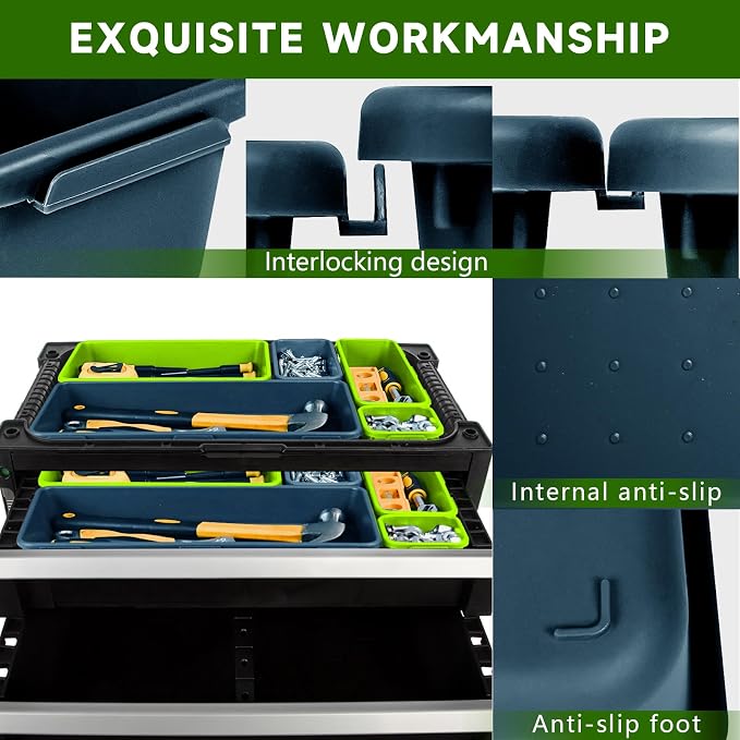 Tool Box Organizer Tray, 60 PCS & 5 Sizes, Blue and Green | High Quality ABS Plastic, Interlocking Desk Drawer Organizer, Tool Chest Organizer for Workshop Garage Office Kitchen