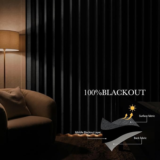 RYB HOME Accordion Style Room Divider Curtain-100% Blackout Folding Accordion Curtain for Sliding Glass Door/Bedroom, Privacy Assurd Living Room/Office Drape 1 Panel with Tieback, W100 x L108, Black