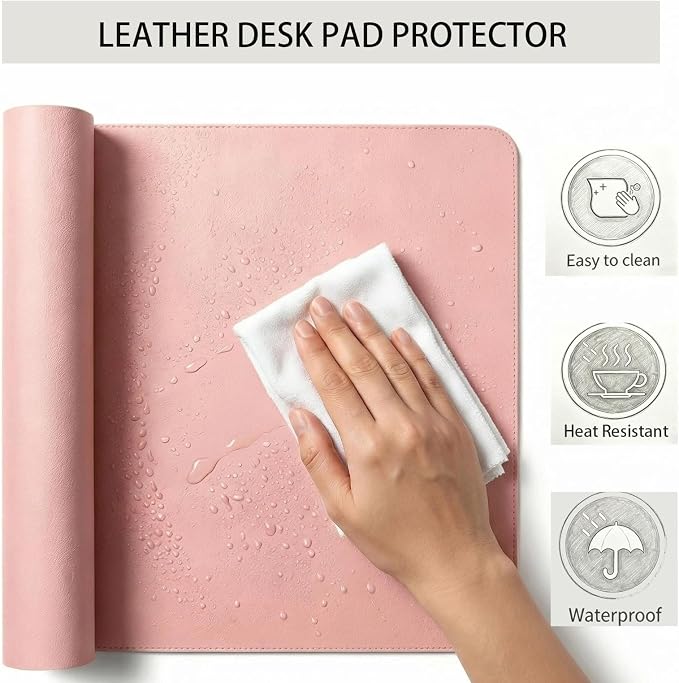 Large Desk Mat 12" x 27", Single-Sided Natural Cork & PU Leather Desk Pad, Non-Slip Waterproof Mouse Pad for Office, Home & Gaming, Pink