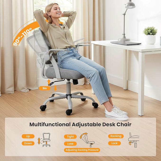 Sweetcrispy Home Office Managerial Executive Chair, Flip Up Armrest Ergonomic Mesh Adjustable Swivel Mid-Back Computer Desk Chair with Comfortable Lumbar Support, Comfy Arms for Bedroom,Study