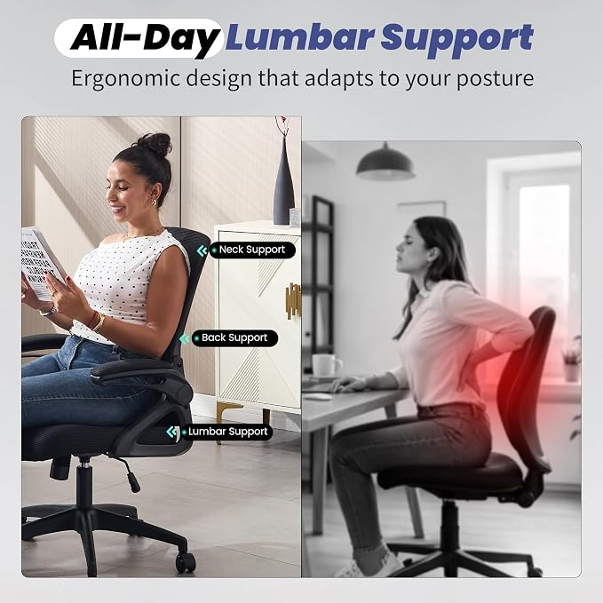 Executive Office Chair with Adjustable Lumbar Support Flip-Up Arms,Black | Desk Chair Breathable Mesh Comfy Computer Chairs with Flip-up Armrests Executive Task Chair for Adults Home Office,400lbs