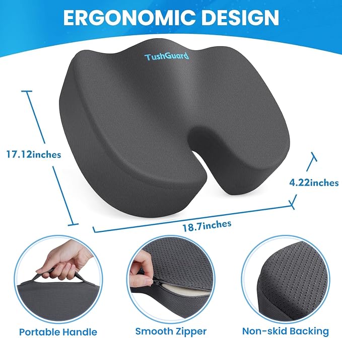 TushGuard Memory Foam Seat Cushion for Office Chair, Car Seat, Gray, XXL | Office Chair Cushion for Car, Airplane - Chair Pad for Long Sitting Sciatica, Hip, Coccyx,Tailbone Pain Relief, Butt Pillow