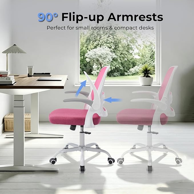 Ergonomic Mesh Office Chair for Home Office, Flip-Up Arms, Breathable Mesh Back & Thick Seat Cushion, Swivel Rolling Computer Desk Chair – BIFMA Certified, Supports 300 lbs (White Frame/Pink Seat)