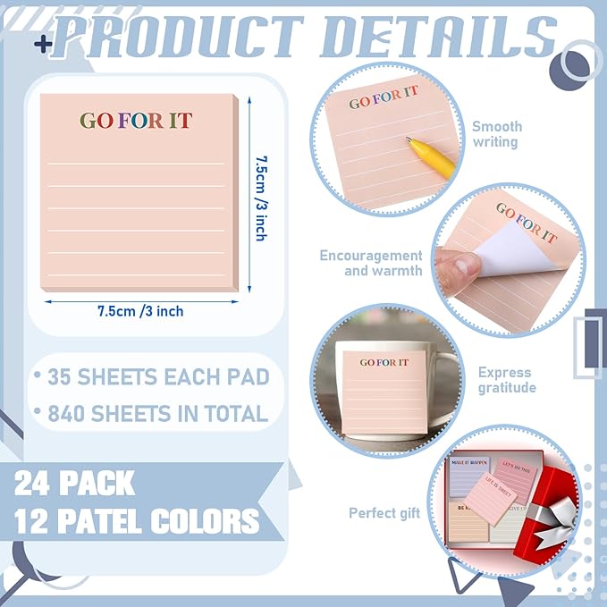 Yinder 24 Pcs Inspirational Sticky Notes Thank You Gift Motivational Sticky Note Pad Employee Appreciation Gift Bulk for Staff Coworker Teacher Nurse Office Groups 3 x 3'' (Motivational,Aesthetics)