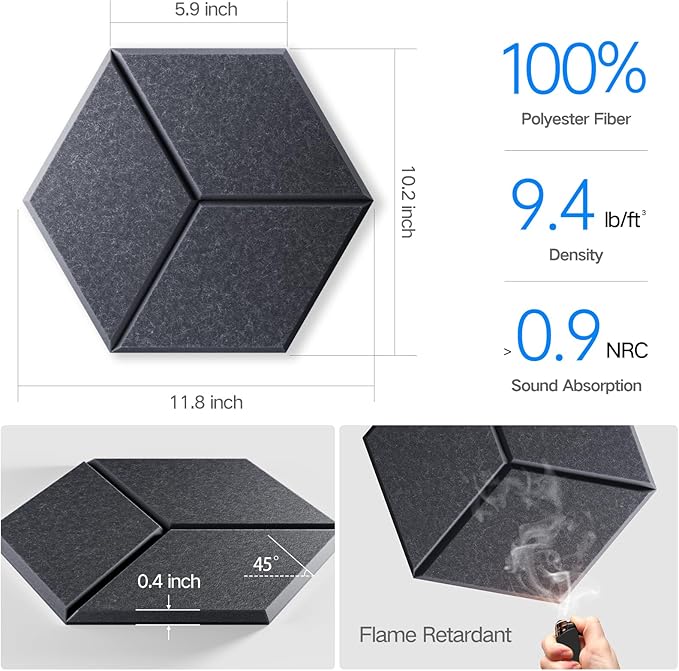 22 Pack Self-Adhesive Acoustic Panels 12" X 10" X 0.4" - Sound Proof Foam Panels with High Density, Y-Lined Design, Flame Resistant, Absorb Noise and Eliminate Echoes(Dark Gray)