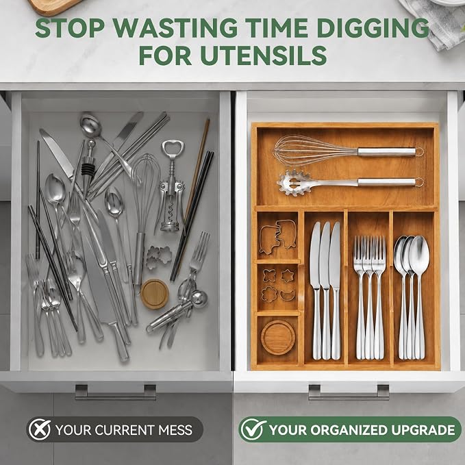 Teak Silverware Organizer For Drawer, Flatware Silverware Storage Tray | 2 Removable Drawer Dividers | Space-Saving Storage for Spoons Forks Knives | Fits 16 in drawers | (7 slots)
