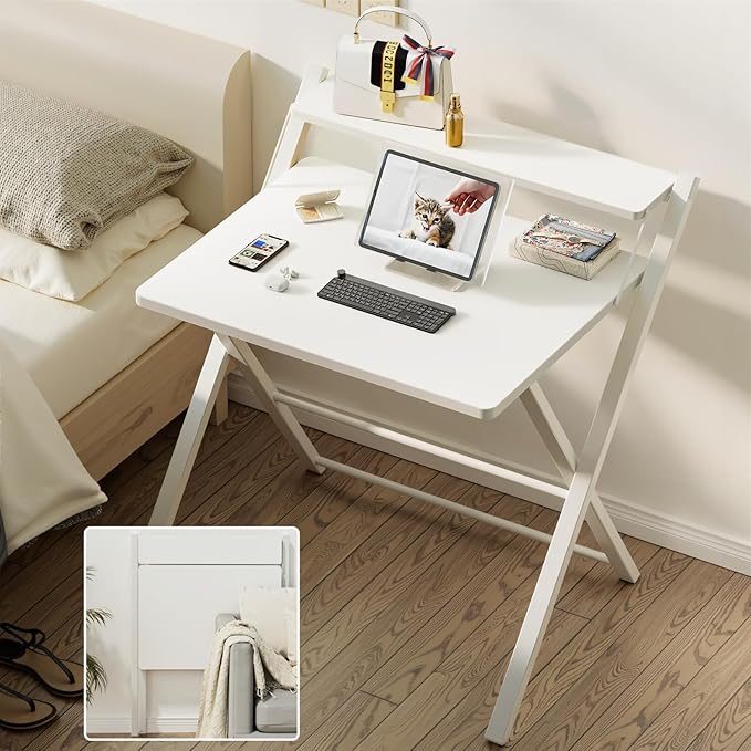 GreenForest No Assembly Folding Desk, 2-Tier Compact Computer Desk with Shelf, Space Saving Foldable Table for Home Office, Dorm or Apartment, Portable Collapsible Sturdy Laptop Desk, White