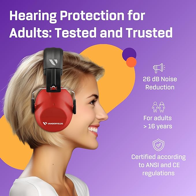 Vanderfields - Hearing Protection Ear Muffs - Over 33 dB (2K Hz) Broad Noise Cancelling Sound Reduction - Adults & Teens