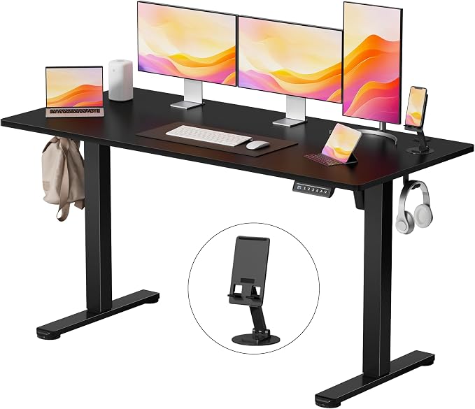YESHOMY Height Adjustable Electric Standing Desk, 55 x 24 Inches Memory Home Office Sit Stand up Desk with Phone Holder and USB Charging Port, Black