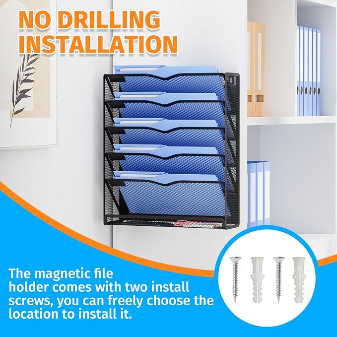 6-Tier Magnetic File Holder, No Drilling Magnetic File Organizer Folder Holder, Black Hanging Magnetic Paper Holder for Refrigerator, Whiteboard, File Cabinets, Office, Kitchen (Black, 6-Tier)