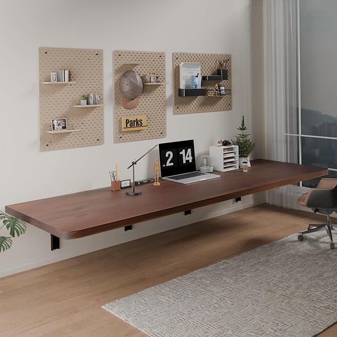 IAE Floating Wall Mounted Folding Table Desk with Pine Wood,72" x 22" Foldable Workbench,Fold Down Wall Mounted Foldable Desk with Shelf Brackets,Laundry Folding Table for Home,Dining,Kitchen,Walnut
