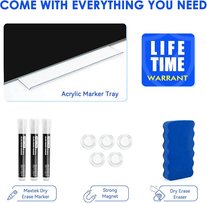 maxtek Black Dry Erase Board 72" x 48", Black Whiteboard Glass Frameless, Large Magnetic Glass White Board for Office School