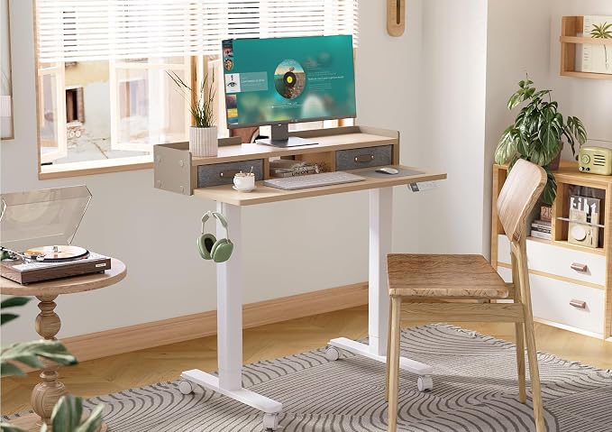 Claiks Standing Desk with Drawers, Adjustable Stand Up Electric Small Standing Desk Adjustable Height with Storage Shelf and Splice Board, 40 Inch, Natural