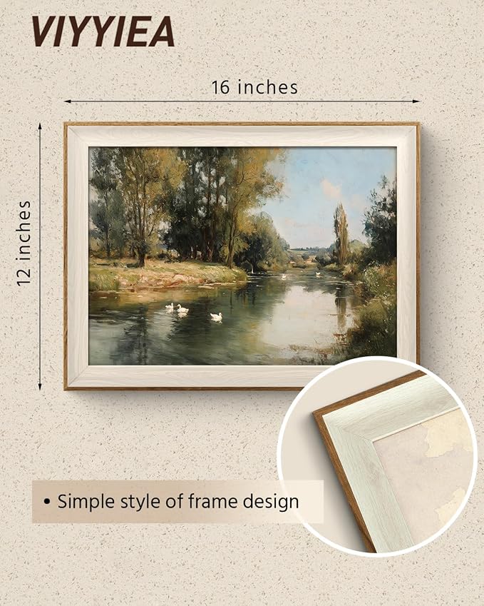 VIYYIEA Framed Wall Art for Living Room, Peaceful River Landscape Canvas Prints, Vintage Pastoral Countryside Nature Home Decor, Bedroom Kitchen Office Bathroom Wall Decor, 12x16 Inch