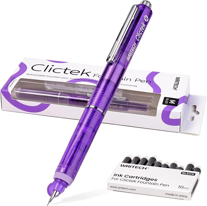 WRITECH Clictek Fountain Pen Retractable: Medium Nib Black Ink Includes 10 Refillable Cartridges No Leaking Smooth Writing Perfect for Office Journaling Beginners Gift