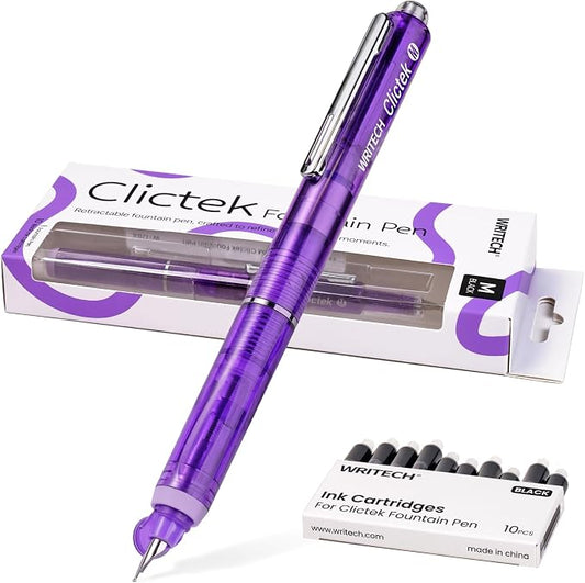 WRITECH Clictek Fountain Pen Retractable: Medium Nib Black Ink Includes 10 Refillable Cartridges No Leaking Smooth Writing Perfect for Office Journaling Beginners Gift