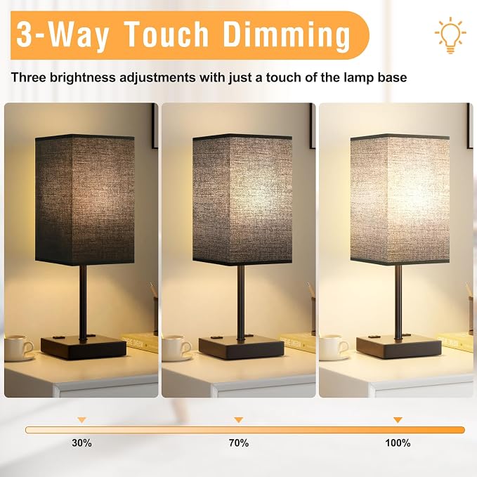 aooshine Plus Set of 2 Black Lamp for Nightstand - Touch Lamps for Bedroom, 3000K White Light for Living Room, Bedside Table Lamp for Men