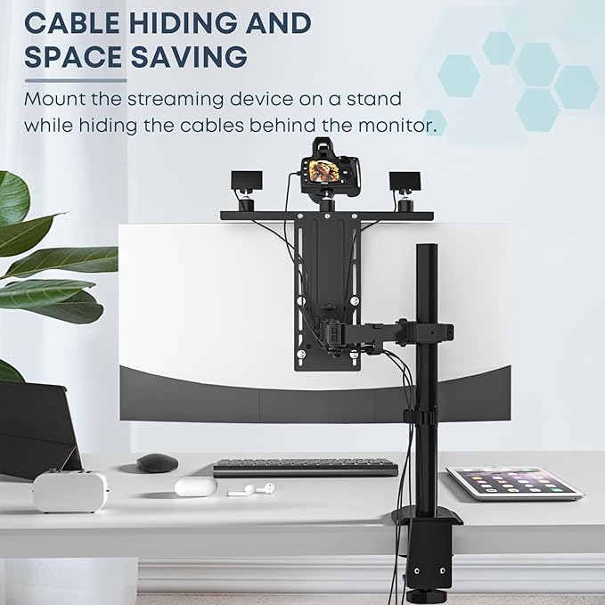 16 inch VESA Monitor Mount Shelf for Streaming - Holds Cameras, Webcams, Microphones & Lights, Height Adjustable, Fits 100×100 mm VESA Pattern, All-in-One Design (Black)