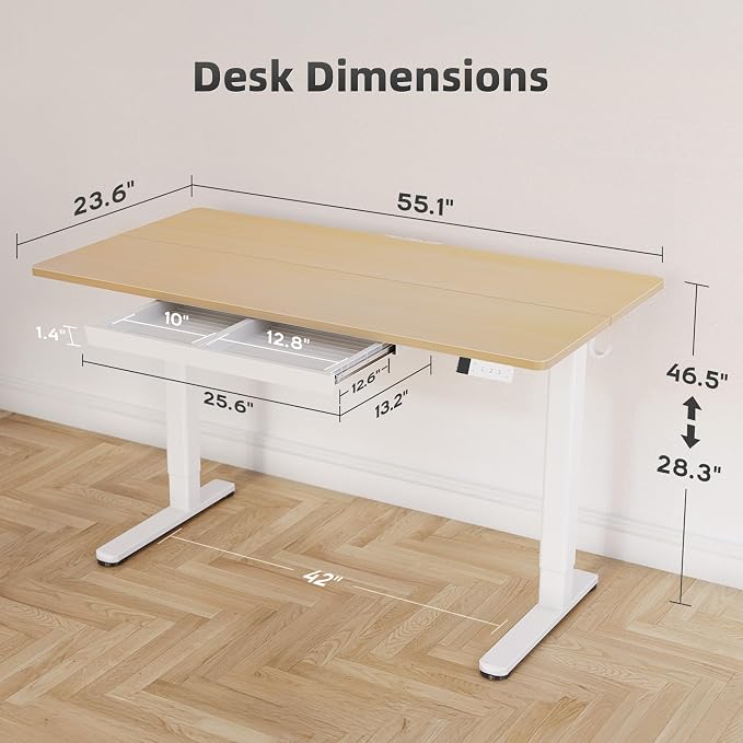 YDN Electric Standing Desk 55 x 24 Inch with Drawer Natural | Industrial steel frame supports 176Lbs, 28.3-46.5 inch height range with 3 presets, 45dB quiet motor