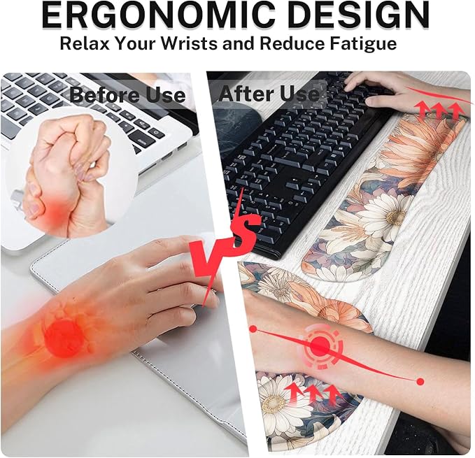 Britimes Floral Vintage Daisy Cottagecore Ergonomic Mouse Pad Set with Wrist Rest Non-Slip Rubber Base Wrist Cushion Support and Coasters Mousepad with Wrist Support for Computer Keyboard and Desk