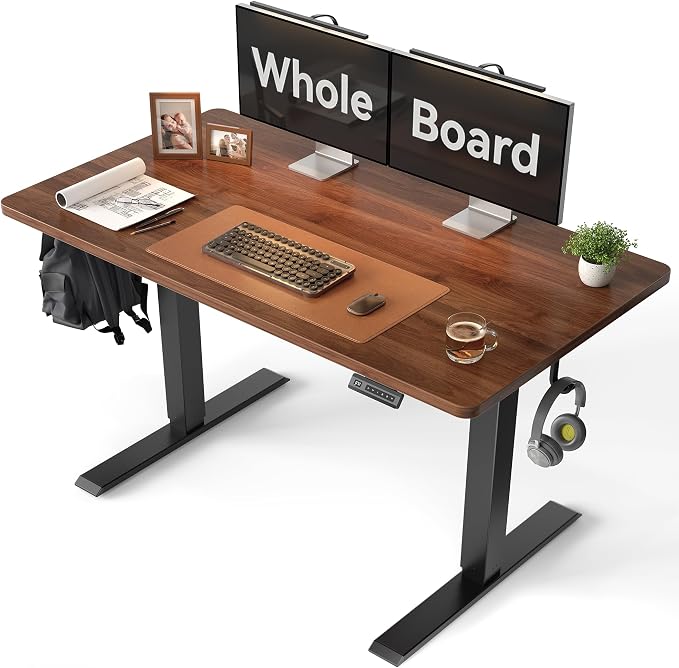 CubiCubi 48 x 24 Large One-Piece Standing Desk, Adjustable Height Electric Computer Home Office Sit Stand up Workstation, with 4 Memory Presets, Headphone Hook, Black Walnut