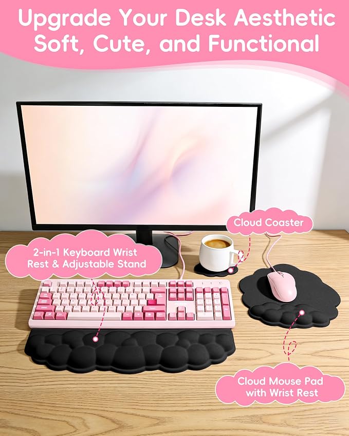 Cloud Wrist Rest Set for Keyboard and Mouse, 3-Piece Memory Foam Wrist Pad with Silky Lycra Surface, 2-in-1 Keyboard Wrist Rest & Stand, Two Typing Angles, Cute Cloud Desk Accessories (Classic Black)