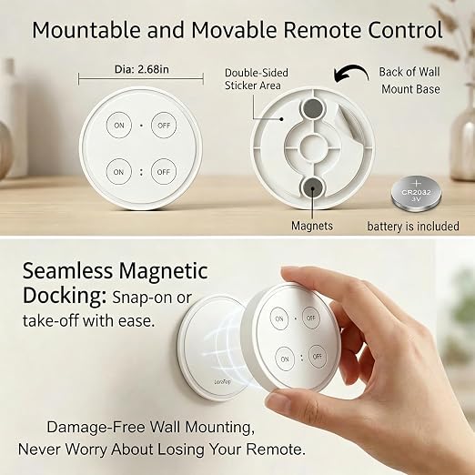 LoraTap Wireless Outlet (2 Pack) - Ergonomic Round Remote (Comfort Grip!) + Magnetic Wall Base - Stick & Grab, No Wall Damage - 15A/1875W 100ft Range - Control for Hard-to-Reach Sockets
