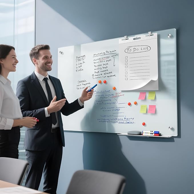 MaxGear Glass Whiteboard Tempered Magnetic Dry Erase Board 48x30 Inch | Magnetic Steel,Frameless Design,Smooth Writing,Ghost Free,Wall Mounted,Accessory Kits,Office Classroom Conference Room Use