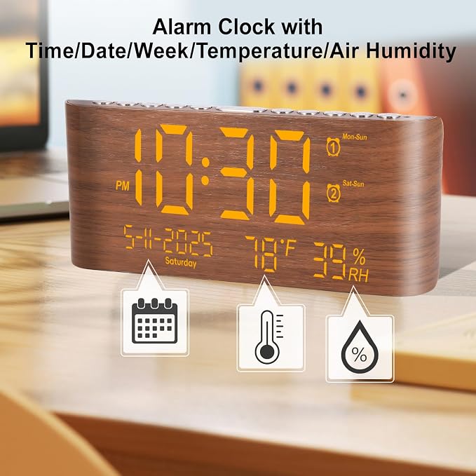 PPLEE 8.7-Inch Large Display Digital Alarm Clock, Dual Alarms & 2 USB | Day, Date, Temperature & Humidity Display, Adjustable Brightness, Snooze and Dual USB Charging for Bedroom and Heavy Sleepers
