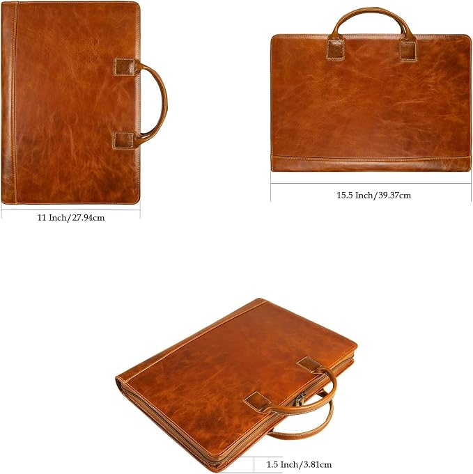 Oil Wax Leather Portfolio, Padfolio Organizer with Handle, Personalized Padfolio，Padfolio With Zipper for Men Women，Suitable for 15-inch Laptop Legal Pad Padfolio, Brown