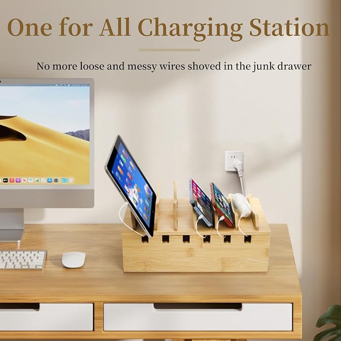 WRINGKIT Bamboo Charging Station for Multiple Devices, Hold 6 Devices | Desktop Charging Docking Stations Organizer with Removable Divider Slots, Compatible with Tablets, iPads, Cell Phone, Laptop