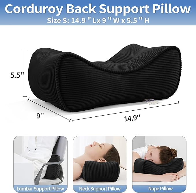Lumbar Support Pillow for Study Desk Chair, Bite-Size Natural Latex Foam Back Support Pillow for Lower Back Pain Relief, Soft & Support Corduroy Office Chair Cushion, S, Black
